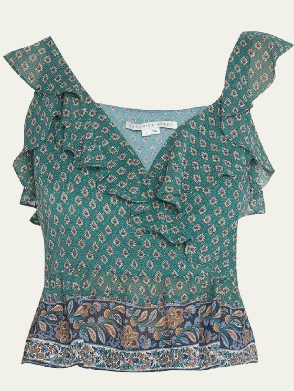 Veronica Beard Randa Paisley Ruffle Trim Peplum Top In Seaglass Multi Sz 8